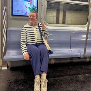 Jessica Simpson Navy and White Striped Cardigan with Gold Buttons